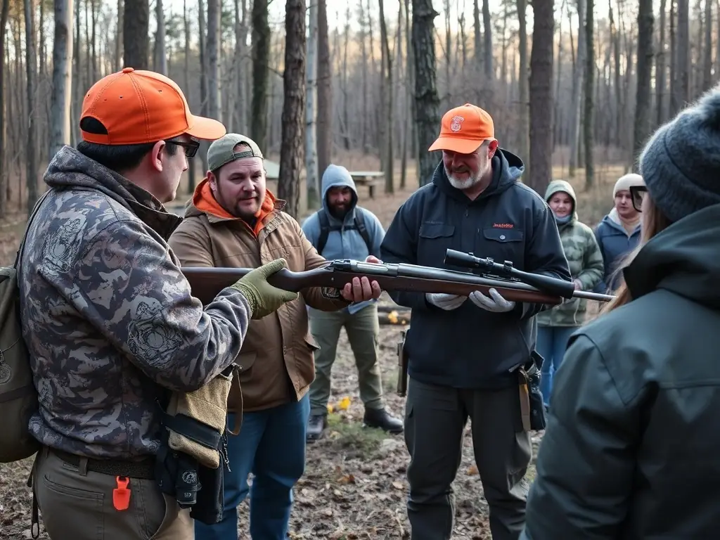 A group of hunters participating in a safety training session, emphasizing the importance of responsible firearm handling and awareness.