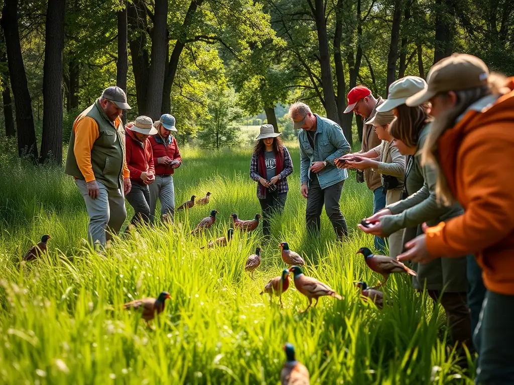 A group of ACCA members participating in a pheasant release program, carefully placing the birds into a designated habitat area with surrounding trees and fields.