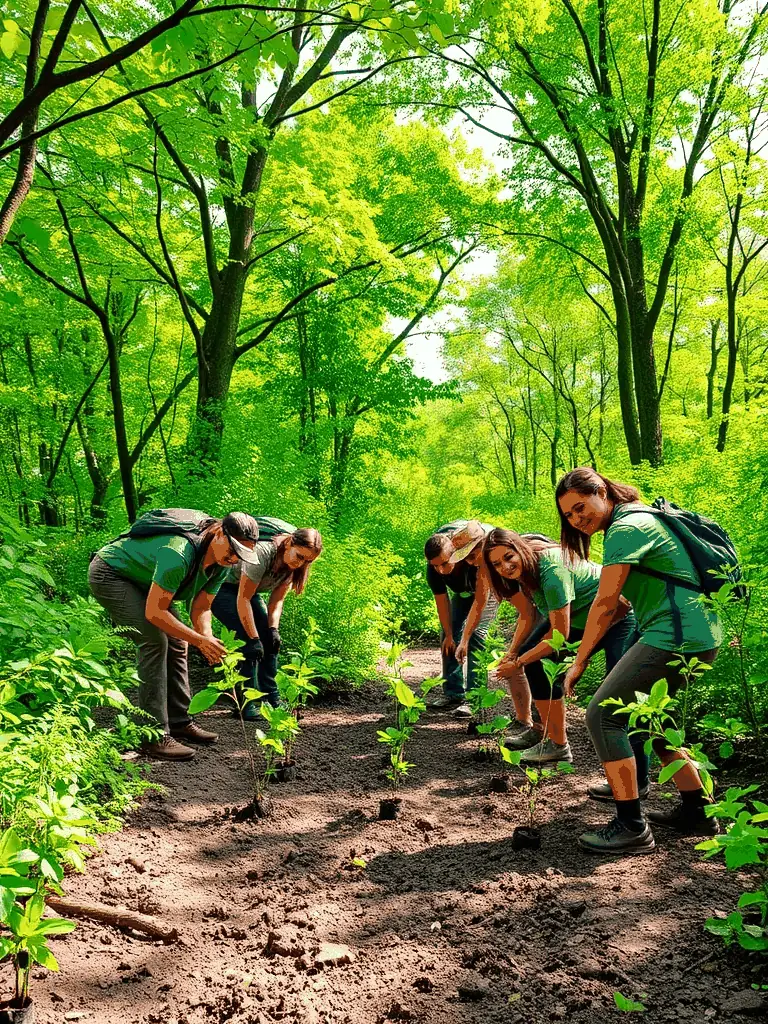 A photo capturing ACCA members engaged in habitat restoration efforts, planting trees and creating wildlife corridors to enhance biodiversity in La Genétouze.