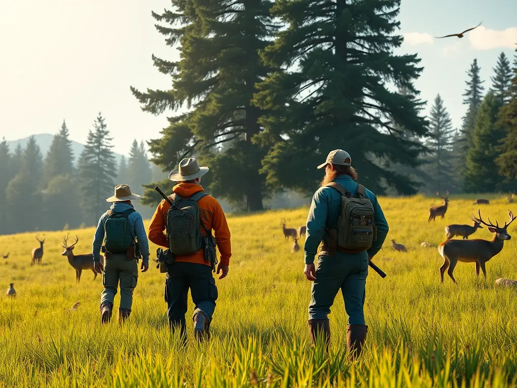 A serene landscape featuring hunters in appropriate gear, respecting wildlife and their natural habitat, symbolizing responsible hunting practices.